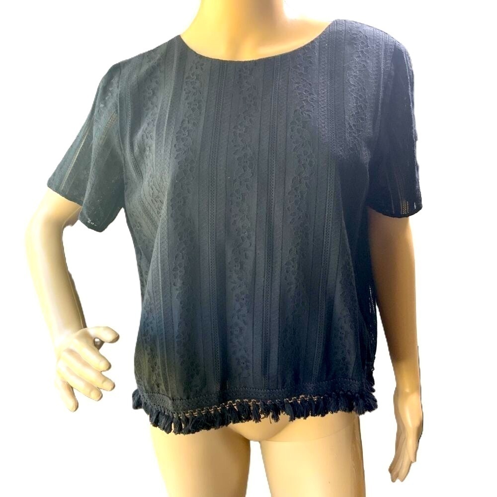Michael‎ Kors Black Lace Cotton Fringe Hem Short Sleeve Blouse Size Large